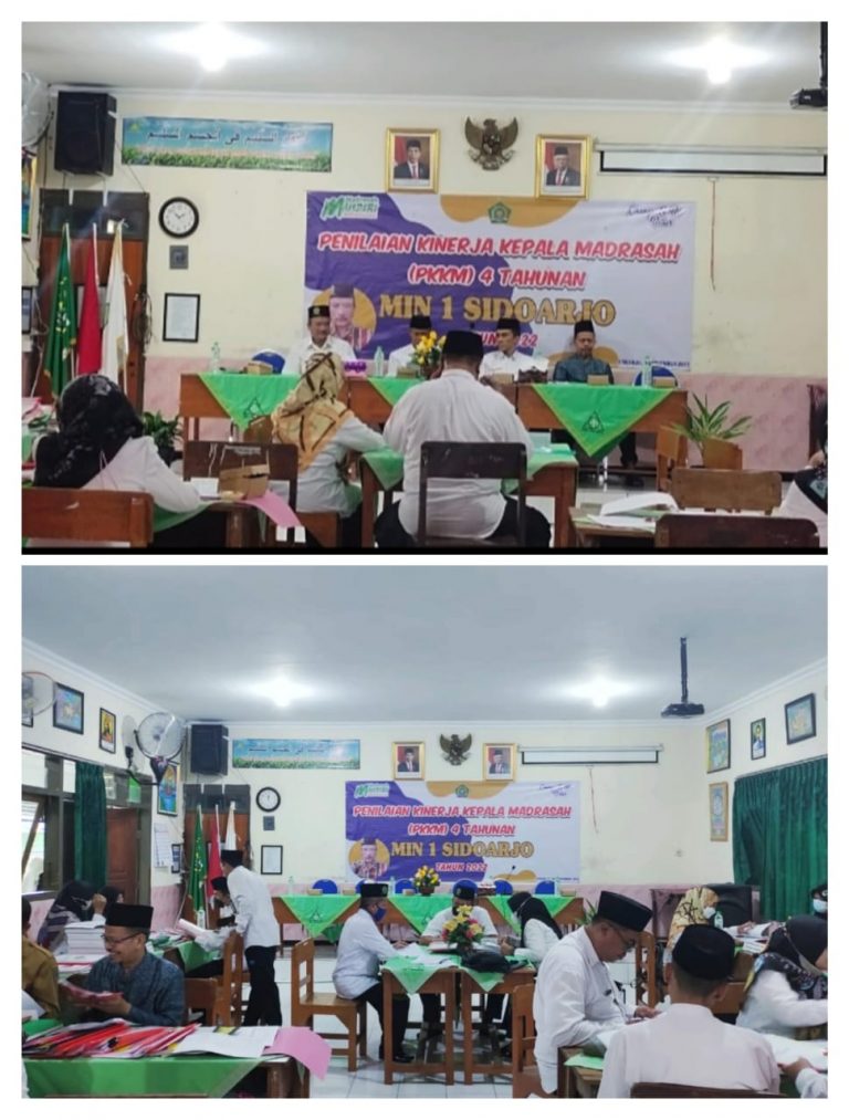 Penilaian Kinerja Kepala Madrasah (PKKM) 4 Tahunan di MIN 1 Sidoarjo Penilaian Kinerja Kepala Madrasah (PKKM) adalah kegiatan proses pengumpulan, analisis, dan interprestasi data tentang kualitas kinerja kepala madrasah dalam melaksanakan tugasnya sebagai Kepala Madrasah. Agenda PKKM merupakan salah satu program yang dilaksanakan secara rutin oleh tim PKKM. Hari ini Senin 28 November 2022, tim Penilaian Kinerja Kepala Madrasah (PKKM) melakukan penilaian ke MIN 1 Sidoarjo. Dalam Penilaian kinerja kepala madrasah ini, ada lima kompetensi utama yang dinilai yakni, Usaha Pengembangan Madrasah, Pelaksanaan Tugas Manajerial, Pengembangan Kewirausahaan dan Supervisi kepada Guru dan Tenaga Kependidikan serta Hasil Kinerja Kepala Madrasah. Kegiatan ini dihadiri oleh Komite Madrasah dan selaku tim penilai yang telah ditugaskan yakni Bapak Kasi Pendma, Pengawas Kemenag Kab. Sidoarjo dan Bapak Dr.H Santoso, S.Ag, M.Pd kabid Pendma dari Kantor Kementerian Agama Propinsi Jawa Timur selaku Ketua Tim Penilai. Bapak Dr.H Santoso, S.Ag, M.Pd selaku Ketua Tim Penilai mengatakan, “ Saya berharap dengan adanya penilaian ini, semoga dapat meningkatkan kinerja kepala madrasah dan kinerja guru yang ada di madrasah ini.” Diharapkan para guru dapat berlomba memberikan pelayanan terbaik bagi para siswa, karena merekalah kelak yang akan mengambil alih tugas para guru. “Alhamdulillah, pelaksanaan PKKM di MIN 1 berjalan dengan baik dan lancar. Semoga hasil PKKM kali ini dapat meningkatkan kinerja kami selaku Kepala Madrasah dan juga para guru yang ada di Madrasah kami,” ujar Bapak Musta’in Kepala MIN 1 di akhir kegiatan. Poin-poin yang dinilai oleh tim PKKM, oleh pihak madrasah dijadikan catatan dan evaluasi. Hal tersebut juga nantinya dapat diketahui aspek-aspek apa saja yang perlu dikembangkan, yang perlu diperbaiki, yang perlu dilengkapi, dan yang perlu dipertahankan. Tentu, hal tersebut bertujuan dan berfokus untuk perbaikan, perkembangan, dan kemajuan ke arah yang lebih baik.