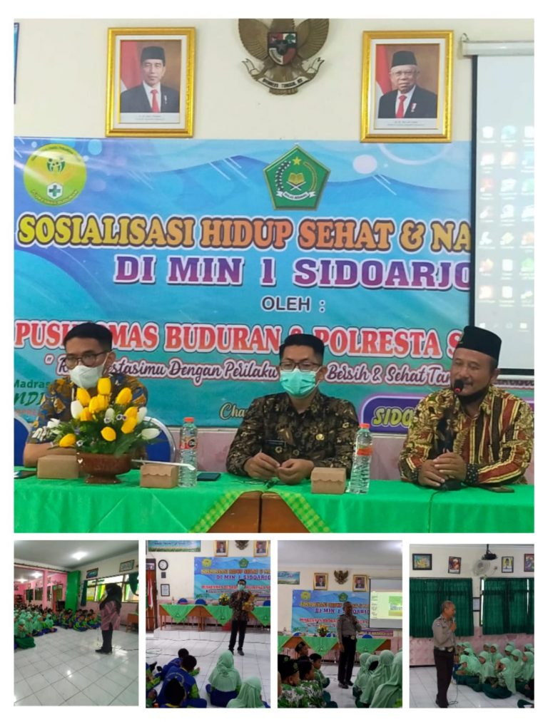 Sosialisasi Hidup Sehat dan Narkoba di MIN 1 Sidoarjo Kamis, tanggal 10 November 2022, MIN 1 Sidoarjo mengadakan sosialisasi tentang PHBS kepada peserta didik di MIN 1 Sidoarjo. Karena salah satu yang harus diperhatikan dalam pelaksanaan pembelajaran tatap muka adalah PHBS, yaitu Penerapan Hidup Bersih dan Sehat. Acara tersebut diikuti oleh siswa-siswi kelas 3 dan 4 yang berjumlah 151 siswa secara luring dengan menghadirkan narasumber Penyuluh Kesehatan Puskesmas Buduran Sidoarjo yaitu Bapak Darul Asmawan, Bapak Syaiful Arif, Ibu Anne Anggiana, dan Ibu Kristin Indah S. Kegiatan ini bertujuan untuk memperkenalkan kepada siswa – siswi pentingnya berperilaku hidup bersih dan sehat dengan mengajarkan bagaimana cara mencuci tangan dan menggosok gigi yang benar serta makan makanan sehat . Kegiatan ini diawali dengan pemberian materi makanan sehat, cuci tangan dan gosok gigi terlebih dahulu, kemudian dilanjutkan dengan praktek langsung . Pada awal pemaparan materi, sebagian besar siswa – siswi masih melakukan cuci tangan dan gosok gigi dengan cara yang salah. Namun setelah dilakukan kegiatan ini, sebagian siswa – siswi tersebut menjadi paham bagaimana mencuci tangan dan menggosok gigi dengan benar . “Saya berharap dengan adanya sosialisasi PHBS ini, siswa – siswi dapat mengaplikasikan cara mencuci tangan dan menggosok gigi dengan benar pada kesehariannya,” yang penting lagi sehat itu menyenangkan, tutur bapak Musta’in, S.Pd, M.Pd selaku kepala MIN 1 Sidoarjo Bapak Darul Asmawan sebagai narasumber menjelaskan, ”PHBS di Sekolah adalah sekumpulan perilaku yang dipraktikkan oleh peserta didik, guru dan masyarakat lingkungan sekolah atas dasar kesadaran sebagai hasil pembelajaran, sehingga secara mandiri mampu mencegah penyakit, meningkatkan kesehatannya, serta berperan aktif dalam mewujudkan lingkungan sehat.” Diakhir acara, ia menambahkan berperilaku hidup bersih dan sehat hendaknya menjadi kebiasaan baik yang selalu diterapkan tidak hanya di sekolah tetapi juga di lingkungan tempat tinggal. Di hari dan tempat yang sama yaitu aula MIN 1 Sidoarjo, tepat pada pukul 10.00 WIB juga digelar sosialisasi tentang bahaya narkoba. Saat ini bahaya narkoba kerap meneror anak di usia Sekolah Dasar (SD/MI). Menyadari akan hal itu, MIN 1 Sidoarjo melakukan penyuluhan melalui program sosialisasi anti narkoba dengan mendatangkan narasumber dari Polresta Sidoarjo “Selain membangun ketahanan mandiri pada anak-anak, program ini ditujukan agar kita waspada serta berupaya menjauhkan anak-anak dari penya¬lahgunaan narkoba,” jelas Korbid Kesiswaan Ibu Tasrifah, M.Pd Sosialisasi berlangsung selama 2 jam, yang melibatkan 237 siswa kelas V dan VI . Para siswa diberikan penyuluhan tentang bahaya narkoba serta bagaimana agar anak-anak tidak terjerumus ke dalamnya.