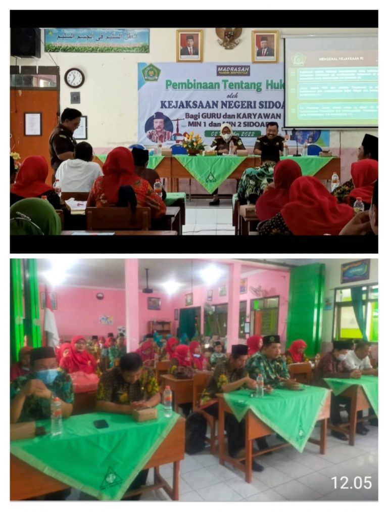 PEMBINAAN TENTANG HUKUM OLEH KAJARI SIDOARJO DI MIN 1 SIDOARJO Sidoarjo, Kejaksaan Negeri Sidoarjo melaksanakan kegiatan Pembinaan tentang Hukum yang dilaksanakan di MIN 1 Sidoarjo pada hari Rabu, 2 November 2022 pukul 10.00 Wib s/d selesai. Kejaksaan Negeri Sidoarjo memberikan pembinaan hukum kepada guru dan karyawan MIN 1 dan MIN 2 Sidoarjo. Sejumlah narasumber dari Kejaksaan dihadirkan. Diantaranya Bapak Joko Prawoto, SH.MH selaku jaksa fungsional pada seksi intelejen dan jaksa fungsional lainnya. Kegiatan Pembinaan tentang Hukum tersebut membawakan materi mengenai “Kenali Hukum dan Jauhi Hukuman”. Pada kesempatan ini narasumber menyampaikan tentang dampak negatif dari bullying dikalangan pelajar, penggunaan Media Sosial secara bijak bagi guru dan siswa, jauhi Kekerasan Dalam Rumah Tangga dan lain sebagainya. Dalam menyampaikan materi Bapak Joko Prawoto beserta timnya menggunakan cara-cara yang disesuaikan dengan audiennya termasuk metode dialog dan tanya jawab sehingga pembinaan ini terasa tidak menjemukan. Di akhir materi beliau memberikan beberapa tips agar kita sebagai pendidik tidak bersinggungan dan melakukan penyimpangan hukum salah satunya yakni untuk saling mengingatkan satu sama lain agar tidak melakukan penyimpangan hukum. Program Pembinaan tentang Hukum ini merupakan bagian dari fungsi dan tugas Kejaksaan untuk mewujudkan masyarakat yang sadar dan taat hukum terutama di kalangan pelajar dan pendidik. Kegiatan tersebut mendapatkan respon yang baik dari Kepala Sekolah, Guru, karyawan dan Komite Sekolah yang turut hadir. “Kami menyambut baik kegiatan ini, karena kegiatan ini selain bertujuan memberikan pengetahuan hukum kepada kami warga sekolah juga untuk membentuk karakter agar kita memahami hal-hal yang dapat berdampak pada tindakan hukum,”tutur Bapak Musta’in, S.Pd, M.Pd selaku kepala MIN 1 Sidoarjo.