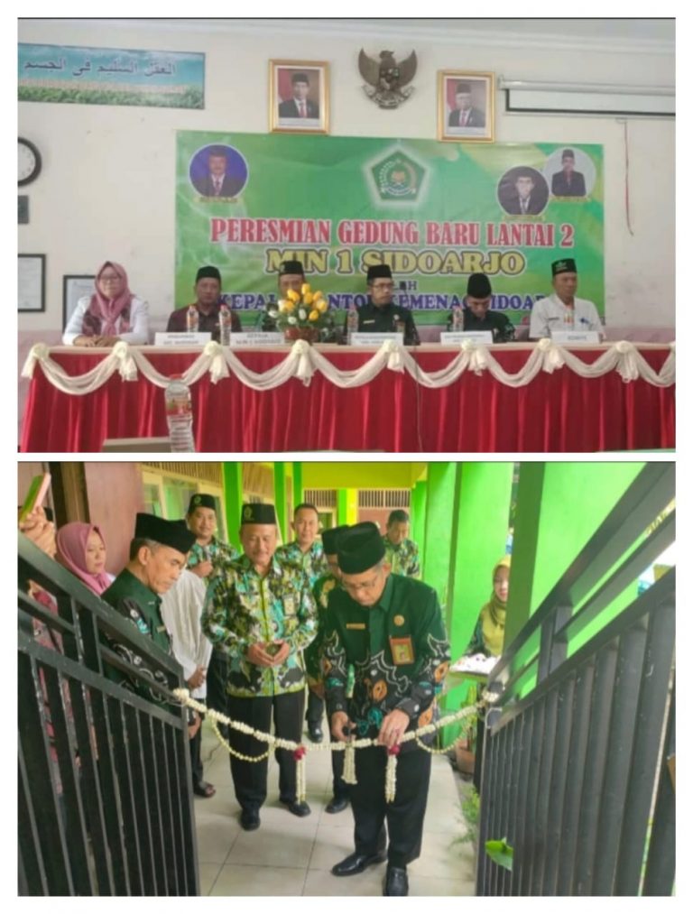 Kepala Kantor Kemenag Sidoarjo Meresmikan Gedung Baru MIN 1 Sidoarjo Kepala Kantor Kemenag Kab. Sidoarjo,Bapak H. Moh. Arwani, M.Ag meresmikan Gedung baru MIN 1 Sidoarjo yang berlokasi di lantai 2, Rabu (21/12).Peresmian ini ditandai dengan pemotongan pita dan tumpeng. Acara peresmian dihadiri oleh Kasi Pendma Sidoarjo, Kepala Desa, dan Komite Madrasah. Dalam sambutannya, Bapak Moh. Arwani mengucapkan selamat kepada pihak Madrasah atas peresmian gedung baru. Ia berharap gedung ini nanti terus bermanfaat dalam menunjang kegiatan belajar mengajar di MIN 1 Sidoarjo. "Alhamdulillah, semoga gedung baru ini membuat para guru dan murid makin semangat dalam kegiatan belajar mengajarnya,”ucap beliau mengakhiri sambutannya. Bapak Arwani juga berharap MIN 1 tetap berprestasi dan berinovasi serta terus melahirkan generasi yang sholih dan sholihah berguna bagi nusa dan bangsa