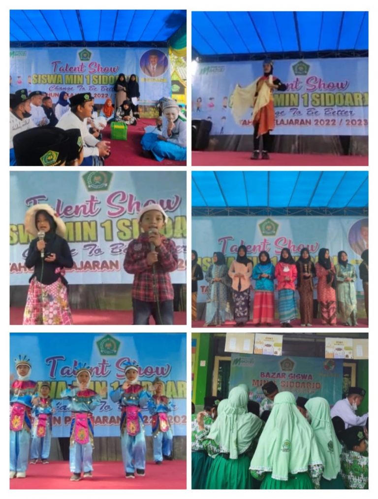 TALENT SHOW SISWA MIN 1 SIDOARJO Tanggal 22 – 24 Desember 2022 MIN 1 Sidoarjo menggelar sebuah event menarik yang bertajuk TALENT SHOW SISWA MIN 1 SIDOARJO. Acara ini sebagai ajang unjuk kebolehan minat dan bakat serta wadah berekspresi maupun berkreasi siswa – siswi MIN 1 Sidoarjo. Ibu Tasrifah, M.Pd selaku Korbid Kesiswaan menyampaikan bahwa, “ Madrasah mendukung penuh pengembangan kreatifitas peserta didik disegala bidang. Bukan hanya di akademik saja, namun juga non-akademik. Salah satu bentuk dukungan sekolah terhadap pengembangan non-akademik siswa adalah disediakannya sebuah kegiatan seperti ini,” jelasnya di sela-sela acara. Pada hari pertama penyelenggaraan para siswa menyajikan berbagai atraksi yang menarik dan mengesankan. Para siswa mencurahkan skill yang mereka miliki diantaranya bermain drama, menyanyi, menari, fashion show, sulap, dan puisi. Setiap peserta tampil dengan penuh percaya diri dan menonjolkan keunikan masing-masing. Menyertai acara Talent Show kali ini adalah pembelajaran kewirausahaan berupa kegiatan bazar. Aneka makanan dan minuman disajikan pada bazar kali ini. Acara Talent Show dan Bazar mendapat sambutan sangat baik dari berbagai pihak. Mulai dari guru, wali siswa, dan juga komite. Hal ini dikarenakan Kegiatan ini tidak hanya sebagai ajang kreativitas, namun juga kegiatan pembelajaran bersosialisasi positif, mengembangkan kemampuan berkomunikasi, dan bertanggung jawab.