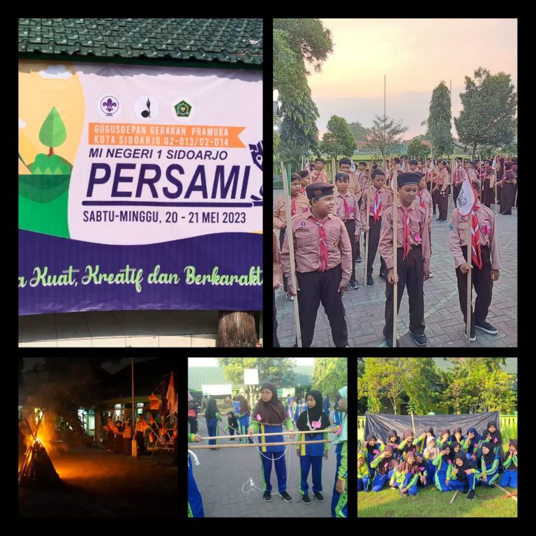 KEGIATAN PERSAMI DI MIN 1 SIDOARJO Sidoarjo-Sabtu-Minggu, 20/21/Mei 2023 bertempat di halaman MIN 1 Sidoarjo dilaksanakan pembukaan PERSAMI (Perkemahan Sabtu Minggu). Upacara pembukaan dilaksanakan pada Sabtu, 20 Mei 2023 pukul 13.00 WIB dipimpin oleh Kak Taufiq Hidayatullah. Kegiatan ini merupakan agenda tahunan yang terjadwal secara rutin karena kegiatan Persami sangat bermanfaat diantaranya dapat membangkitkan semangat dan jiwa kreativitas anggota serta dapat meningkatkan persaudaraan, kepercayaan diri, dan tanggung jawab. Agenda kegiatan dalam perkemahan ini antara lain lomba morse, lomba Tri Satya dan Dasa Dharma, tenda dan pionering, jelajah, dan pentas seni yang diikuti oleh 122 anggota pramuka penggalang yang terbagi dalam beberapa regu. Menurut Tasrifah M.Pd, Pembina Satuan Penggalang di MIN 1 Sidoarjo mengatakan,“ Dengan mengikuti kegiatan Persami seperti ini bisa melatih anak jadi mandiri, tidak tergantung orang lain, kreatif, dan berkarakter sesuai dengan tema yang diusung, “Pramuka Kuat Kreatif dan Berkarakter,” Harapannya, “Dengan melaksanakan kegiatan Persami, anak-anak akan lebih giat berlatih Pramuka dan semakin mencintai Pramuka. ” Kegiatan ini ditutup dengan pembagian hadiah kejuaraan bagi regu yang berhasil meraih nilai tertinggi dalam kegiatan Persami kali ini. Sayonara…Salam Pramuka !!!