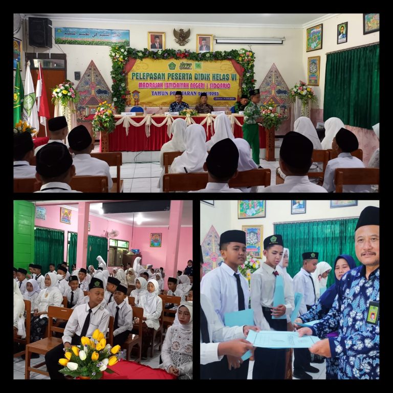 PELEPASAN PESERTA DIDIK MIN 1 SIDOARJO TAHUN PELAJARAN 2022-2023 MIN 1 Sidoarjo menyelenggarakan acara pelepasan peserta didik kelas VI dengan menyerahkan kembali 112 peserta didik kepada orang tua masing-masing. Acara yang diselenggarakan pada hari Rabu, 14 Juni 2023 bertempat di aula MIN 1 ini dihadiri oleh Plt. Kasi Pendma Kantor Kementerian Agama Kab.Sidoarjo, Pengawas kecamatan Buduran, dan Komite Sekolah . Plt. Kasi Pendma Kab. Sidoarjo Bapak Dr.Abdul Rohman, M.Pd. mengucapkan selamat kepada 112 siswa-siswi kelas VI MIN 1 Sidoarjo. “Raihlah cita-citamu dengan ilmu,Iman dan akhlak mulia demi masa depan yang gemilang, tutur beliau dengan ekspresi nasehat. “ Acara pelepasan diawali dengn pembacaan ayat suci Al-Qur’an, memyanyikan lagu Indonesia Raya, Hymne MI, Mars MI dan pemberian penghargaan kepada tiga siswa terbaik pada masing-masing kelas dan sebagai puncak acara yaitu prosesi wisuda Kepala MIN 1 Sidoarjo Bapak Musta’in,S.Pd, dalam sambutannya mengatakan, “Hari ini sudah tiba waktunya anak didik kami kelas VI akan meninggalkan sekolah ,artinya akan berpisah dengan para guru maupun adik-adik kelas dan nantinya kalian akan melanjutkan sekolah kejenjang lebih tinggi, pesan kami hendaklah anak-anak nantinya membawa nama baik sekolah,berkelanjutan dengan bekal ilmu yang dimiliki, memiliki daya saing yang mumpuni,terus dan teruslah belajar,raih cita- citamu setinggi bintang , Insya Allah cita citamu akan tercapai tuturnya.” Di penghujung acara, diisi dengan permohonan maaf dan doa restu peserta didik kepada Bapak dan Ibu guru beserta staf dilanjutkan sesi foto. Suasana berselimut haru ketika satu persatu peserta didik bersalaman dengan Bapak dan Ibu guru dengan menyampaikan ucapan terima kasih dan permintaan maaf kepada para guru.