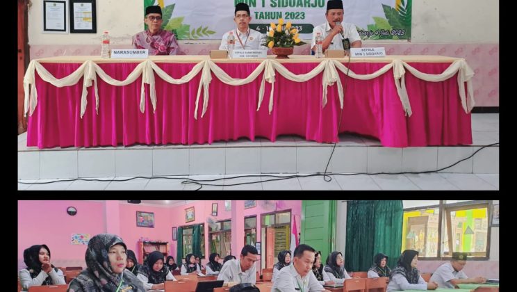 Sambut Implementasi Kurikulum Merdeka (IKM), MIN 1 Sidoarjo selenggarakan BIMTEK. Kesuksesan Penerapan Kurikulum baru dalam dunia pendidikan membutuhkan persiapan terutama dari kalangan tenaga pendidik, karena gurulah yang akan menjadi ujung tombak pelaksana langsung dari perubahan kurikulum yang terbaru saat ini yang dikenal dengan Kurikulum Merdeka. Kurikulum Merdeka adalah konsep pendidikan yang menekankan pada pengembangan potensi diri peserta didik dan memberikan kebebasan bagi mereka untuk memilih dan mengeksplorasi minat serta bakat mereka sendiri. Menyikapi hal itu MIN 1 Sidoarjo untuk mengimplementasikan Kurikulum tersebut mengadakan pelatihan guru dengan tema Bimbingan Teknis Implementasi Kurikulum Merdeka (IKM) guna menyambut Tahun Pelajaran 2023-2024. Kegiatan tersebut berlangsung selama enam hari, yakni tanggal 4 – 10 Juli 2023 bertempat di Aula MIN 1 yang diikuti seluruh guru dengan menghadirkan tiga orang narasumber handal Bapak M. Aunur Rofiq, MA, Bapak Amin Hasan, M.Pd serta Bapak Bagus Sanyoto dan dibuka langsung oleh Kepala Kantor Kementerian Agama Kabupaten Sidoarjo Bapak H. Moh. Arwani, M.Ag., M.Hi. Pada Bimtek kali ini narasumber memaparkan tentang kebijakan umum terkait Kurikulum Merdeka dan alur pembuatan perangkat pelajaran seperti Capaian Pembelajaran (CP), Tujuan Pembelajaran (TP), Alur Tujuan Pembelajaran (ATP), serta Modul Ajar (MA). Peserta juga diberikan pengetahuan tentang pentingnya pembelajaran berdiferensiasi, pembelajaran berbasis proyek , serta pembelajaran yang adaptif sesuai dengan kebutuhan dan kemampuan setiap peserta didik. Narasumber juga mendampingi peserta untuk membuat TP, ATP dan proses pembelajaran sesuai Kurikulum Merdeka. Materi yang disampaikan bertujuan memberikan pemahaman mendalam kepada para pendidik tentang prinsip-prinsip dasar Kurikulum Merdeka serta strategi pengajarannya. Dalam sambutannya Kepala Kantor Kementerian Agama Kabupaten Sidoarjo Bapak H. Moh. Arwani, M.Ag., M.Hi. mengapresiasi dan berterima kasih atas terselenggaranya kegiatan tersebut. Beliau menyampaikan penting bagi madrasah untuk melakukan terobosan-terobosan kegiatan, ide-ide kreatif dan inovatif guna kemajuan pendidikan agar madrasah semakin maju. Beliau menambahkan, “Melalui kegiatan Bimtek ini semoga guru-guru dapat berupaya semaksimal mungkin bagaimana menciptakan pembelajaran yang kreatif dan inovatif dalam Kurikulum Merdeka ” harapnya. Sambut Implementasi Kurikulum Merdeka (IKM), MIN 1 Sidoarjo selenggarakan BIMTEK. Kesuksesan Penerapan Kurikulum baru dalam dunia pendidikan membutuhkan persiapan terutama dari kalangan tenaga pendidik, karena gurulah yang akan menjadi ujung tombak pelaksana langsung dari perubahan kurikulum yang terbaru saat ini yang dikenal dengan Kurikulum Merdeka. Kurikulum Merdeka adalah konsep pendidikan yang menekankan pada pengembangan potensi diri peserta didik dan memberikan kebebasan bagi mereka untuk memilih dan mengeksplorasi minat serta bakat mereka sendiri. Menyikapi hal itu MIN 1 Sidoarjo untuk mengimplementasikan Kurikulum tersebut mengadakan pelatihan guru dengan tema Bimbingan Teknis Implementasi Kurikulum Merdeka (IKM) guna menyambut Tahun Pelajaran 2023-2024. Kegiatan tersebut berlangsung selama enam hari, yakni tanggal 4 – 10 Juli 2023 bertempat di Aula MIN 1 yang diikuti seluruh guru dengan menghadirkan tiga orang narasumber handal Bapak M. Aunur Rofiq, MA, Bapak Amin Hasan, M.Pd serta Bapak Bagus Sanyoto dan dibuka langsung oleh Kepala Kantor Kementerian Agama Kabupaten Sidoarjo Bapak H. Moh. Arwani, M.Ag., M.Hi. Pada Bimtek kali ini narasumber memaparkan tentang kebijakan umum terkait Kurikulum Merdeka dan alur pembuatan perangkat pelajaran seperti Capaian Pembelajaran (CP), Tujuan Pembelajaran (TP), Alur Tujuan Pembelajaran (ATP), serta Modul Ajar (MA). Peserta juga diberikan pengetahuan tentang pentingnya pembelajaran berdiferensiasi, pembelajaran berbasis proyek , serta pembelajaran yang adaptif sesuai dengan kebutuhan dan kemampuan setiap peserta didik. Narasumber juga mendampingi peserta untuk membuat TP, ATP dan proses pembelajaran sesuai Kurikulum Merdeka. Materi yang disampaikan bertujuan memberikan pemahaman mendalam kepada para pendidik tentang prinsip-prinsip dasar Kurikulum Merdeka serta strategi pengajarannya. Dalam sambutannya Kepala Kantor Kementerian Agama Kabupaten Sidoarjo Bapak H. Moh. Arwani, M.Ag., M.Hi. mengapresiasi dan berterima kasih atas terselenggaranya kegiatan tersebut. Beliau menyampaikan penting bagi madrasah untuk melakukan terobosan-terobosan kegiatan, ide-ide kreatif dan inovatif guna kemajuan pendidikan agar madrasah semakin maju. Beliau menambahkan, “Melalui kegiatan Bimtek ini semoga guru-guru dapat berupaya semaksimal mungkin bagaimana menciptakan pembelajaran yang kreatif dan inovatif dalam Kurikulum Merdeka ” harapnya. Sambut Implementasi Kurikulum Merdeka (IKM), MIN 1 Sidoarjo selenggarakan BIMTEK. Kesuksesan Penerapan Kurikulum baru dalam dunia pendidikan membutuhkan persiapan terutama dari kalangan tenaga pendidik, karena gurulah yang akan menjadi ujung tombak pelaksana langsung dari perubahan kurikulum yang terbaru saat ini yang dikenal dengan Kurikulum Merdeka. Kurikulum Merdeka adalah konsep pendidikan yang menekankan pada pengembangan potensi diri peserta didik dan memberikan kebebasan bagi mereka untuk memilih dan mengeksplorasi minat serta bakat mereka sendiri. Menyikapi hal itu MIN 1 Sidoarjo untuk mengimplementasikan Kurikulum tersebut mengadakan pelatihan guru dengan tema Bimbingan Teknis Implementasi Kurikulum Merdeka (IKM) guna menyambut Tahun Pelajaran 2023-2024. Kegiatan tersebut berlangsung selama enam hari, yakni tanggal 4 – 10 Juli 2023 bertempat di Aula MIN 1 yang diikuti seluruh guru dengan menghadirkan tiga orang narasumber handal Bapak M. Aunur Rofiq, MA, Bapak Amin Hasan, M.Pd serta Bapak Bagus Sanyoto dan dibuka langsung oleh Kepala Kantor Kementerian Agama Kabupaten Sidoarjo Bapak H. Moh. Arwani, M.Ag., M.Hi. Pada Bimtek kali ini narasumber memaparkan tentang kebijakan umum terkait Kurikulum Merdeka dan alur pembuatan perangkat pelajaran seperti Capaian Pembelajaran (CP), Tujuan Pembelajaran (TP), Alur Tujuan Pembelajaran (ATP), serta Modul Ajar (MA). Peserta juga diberikan pengetahuan tentang pentingnya pembelajaran berdiferensiasi, pembelajaran berbasis proyek , serta pembelajaran yang adaptif sesuai dengan kebutuhan dan kemampuan setiap peserta didik. Narasumber juga mendampingi peserta untuk membuat TP, ATP dan proses pembelajaran sesuai Kurikulum Merdeka. Materi yang disampaikan bertujuan memberikan pemahaman mendalam kepada para pendidik tentang prinsip-prinsip dasar Kurikulum Merdeka serta strategi pengajarannya. Dalam sambutannya Kepala Kantor Kementerian Agama Kabupaten Sidoarjo Bapak H. Moh. Arwani, M.Ag., M.Hi. mengapresiasi dan berterima kasih atas terselenggaranya kegiatan tersebut. Beliau menyampaikan penting bagi madrasah untuk melakukan terobosan-terobosan kegiatan, ide-ide kreatif dan inovatif guna kemajuan pendidikan agar madrasah semakin maju. Beliau menambahkan, “Melalui kegiatan Bimtek ini semoga guru-guru dapat berupaya semaksimal mungkin bagaimana menciptakan pembelajaran yang kreatif dan inovatif dalam Kurikulum Merdeka ” harapnya.