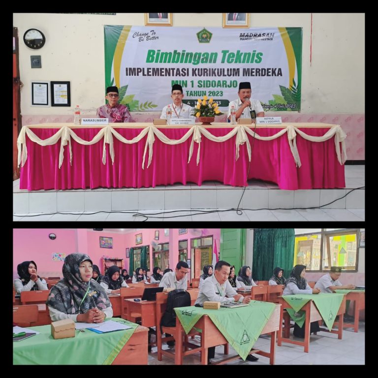 Sambut Implementasi Kurikulum Merdeka (IKM), MIN 1 Sidoarjo selenggarakan BIMTEK. Kesuksesan Penerapan Kurikulum baru dalam dunia pendidikan membutuhkan persiapan terutama dari kalangan tenaga pendidik, karena gurulah yang akan menjadi ujung tombak pelaksana langsung dari perubahan kurikulum yang terbaru saat ini yang dikenal dengan Kurikulum Merdeka. Kurikulum Merdeka adalah konsep pendidikan yang menekankan pada pengembangan potensi diri peserta didik dan memberikan kebebasan bagi mereka untuk memilih dan mengeksplorasi minat serta bakat mereka sendiri. Menyikapi hal itu MIN 1 Sidoarjo untuk mengimplementasikan Kurikulum tersebut mengadakan pelatihan guru dengan tema Bimbingan Teknis Implementasi Kurikulum Merdeka (IKM) guna menyambut Tahun Pelajaran 2023-2024. Kegiatan tersebut berlangsung selama enam hari, yakni tanggal 4 – 10 Juli 2023 bertempat di Aula MIN 1 yang diikuti seluruh guru dengan menghadirkan tiga orang narasumber handal Bapak M. Aunur Rofiq, MA, Bapak Amin Hasan, M.Pd serta Bapak Bagus Sanyoto dan dibuka langsung oleh Kepala Kantor Kementerian Agama Kabupaten Sidoarjo Bapak H. Moh. Arwani, M.Ag., M.Hi. Pada Bimtek kali ini narasumber memaparkan tentang kebijakan umum terkait Kurikulum Merdeka dan alur pembuatan perangkat pelajaran seperti Capaian Pembelajaran (CP), Tujuan Pembelajaran (TP), Alur Tujuan Pembelajaran (ATP), serta Modul Ajar (MA). Peserta juga diberikan pengetahuan tentang pentingnya pembelajaran berdiferensiasi, pembelajaran berbasis proyek , serta pembelajaran yang adaptif sesuai dengan kebutuhan dan kemampuan setiap peserta didik. Narasumber juga mendampingi peserta untuk membuat TP, ATP dan proses pembelajaran sesuai Kurikulum Merdeka. Materi yang disampaikan bertujuan memberikan pemahaman mendalam kepada para pendidik tentang prinsip-prinsip dasar Kurikulum Merdeka serta strategi pengajarannya. Dalam sambutannya Kepala Kantor Kementerian Agama Kabupaten Sidoarjo Bapak H. Moh. Arwani, M.Ag., M.Hi. mengapresiasi dan berterima kasih atas terselenggaranya kegiatan tersebut. Beliau menyampaikan penting bagi madrasah untuk melakukan terobosan-terobosan kegiatan, ide-ide kreatif dan inovatif guna kemajuan pendidikan agar madrasah semakin maju. Beliau menambahkan, “Melalui kegiatan Bimtek ini semoga guru-guru dapat berupaya semaksimal mungkin bagaimana menciptakan pembelajaran yang kreatif dan inovatif dalam Kurikulum Merdeka ” harapnya. Sambut Implementasi Kurikulum Merdeka (IKM), MIN 1 Sidoarjo selenggarakan BIMTEK. Kesuksesan Penerapan Kurikulum baru dalam dunia pendidikan membutuhkan persiapan terutama dari kalangan tenaga pendidik, karena gurulah yang akan menjadi ujung tombak pelaksana langsung dari perubahan kurikulum yang terbaru saat ini yang dikenal dengan Kurikulum Merdeka. Kurikulum Merdeka adalah konsep pendidikan yang menekankan pada pengembangan potensi diri peserta didik dan memberikan kebebasan bagi mereka untuk memilih dan mengeksplorasi minat serta bakat mereka sendiri. Menyikapi hal itu MIN 1 Sidoarjo untuk mengimplementasikan Kurikulum tersebut mengadakan pelatihan guru dengan tema Bimbingan Teknis Implementasi Kurikulum Merdeka (IKM) guna menyambut Tahun Pelajaran 2023-2024. Kegiatan tersebut berlangsung selama enam hari, yakni tanggal 4 – 10 Juli 2023 bertempat di Aula MIN 1 yang diikuti seluruh guru dengan menghadirkan tiga orang narasumber handal Bapak M. Aunur Rofiq, MA, Bapak Amin Hasan, M.Pd serta Bapak Bagus Sanyoto dan dibuka langsung oleh Kepala Kantor Kementerian Agama Kabupaten Sidoarjo Bapak H. Moh. Arwani, M.Ag., M.Hi. Pada Bimtek kali ini narasumber memaparkan tentang kebijakan umum terkait Kurikulum Merdeka dan alur pembuatan perangkat pelajaran seperti Capaian Pembelajaran (CP), Tujuan Pembelajaran (TP), Alur Tujuan Pembelajaran (ATP), serta Modul Ajar (MA). Peserta juga diberikan pengetahuan tentang pentingnya pembelajaran berdiferensiasi, pembelajaran berbasis proyek , serta pembelajaran yang adaptif sesuai dengan kebutuhan dan kemampuan setiap peserta didik. Narasumber juga mendampingi peserta untuk membuat TP, ATP dan proses pembelajaran sesuai Kurikulum Merdeka. Materi yang disampaikan bertujuan memberikan pemahaman mendalam kepada para pendidik tentang prinsip-prinsip dasar Kurikulum Merdeka serta strategi pengajarannya. Dalam sambutannya Kepala Kantor Kementerian Agama Kabupaten Sidoarjo Bapak H. Moh. Arwani, M.Ag., M.Hi. mengapresiasi dan berterima kasih atas terselenggaranya kegiatan tersebut. Beliau menyampaikan penting bagi madrasah untuk melakukan terobosan-terobosan kegiatan, ide-ide kreatif dan inovatif guna kemajuan pendidikan agar madrasah semakin maju. Beliau menambahkan, “Melalui kegiatan Bimtek ini semoga guru-guru dapat berupaya semaksimal mungkin bagaimana menciptakan pembelajaran yang kreatif dan inovatif dalam Kurikulum Merdeka ” harapnya. Sambut Implementasi Kurikulum Merdeka (IKM), MIN 1 Sidoarjo selenggarakan BIMTEK. Kesuksesan Penerapan Kurikulum baru dalam dunia pendidikan membutuhkan persiapan terutama dari kalangan tenaga pendidik, karena gurulah yang akan menjadi ujung tombak pelaksana langsung dari perubahan kurikulum yang terbaru saat ini yang dikenal dengan Kurikulum Merdeka. Kurikulum Merdeka adalah konsep pendidikan yang menekankan pada pengembangan potensi diri peserta didik dan memberikan kebebasan bagi mereka untuk memilih dan mengeksplorasi minat serta bakat mereka sendiri. Menyikapi hal itu MIN 1 Sidoarjo untuk mengimplementasikan Kurikulum tersebut mengadakan pelatihan guru dengan tema Bimbingan Teknis Implementasi Kurikulum Merdeka (IKM) guna menyambut Tahun Pelajaran 2023-2024. Kegiatan tersebut berlangsung selama enam hari, yakni tanggal 4 – 10 Juli 2023 bertempat di Aula MIN 1 yang diikuti seluruh guru dengan menghadirkan tiga orang narasumber handal Bapak M. Aunur Rofiq, MA, Bapak Amin Hasan, M.Pd serta Bapak Bagus Sanyoto dan dibuka langsung oleh Kepala Kantor Kementerian Agama Kabupaten Sidoarjo Bapak H. Moh. Arwani, M.Ag., M.Hi. Pada Bimtek kali ini narasumber memaparkan tentang kebijakan umum terkait Kurikulum Merdeka dan alur pembuatan perangkat pelajaran seperti Capaian Pembelajaran (CP), Tujuan Pembelajaran (TP), Alur Tujuan Pembelajaran (ATP), serta Modul Ajar (MA). Peserta juga diberikan pengetahuan tentang pentingnya pembelajaran berdiferensiasi, pembelajaran berbasis proyek , serta pembelajaran yang adaptif sesuai dengan kebutuhan dan kemampuan setiap peserta didik. Narasumber juga mendampingi peserta untuk membuat TP, ATP dan proses pembelajaran sesuai Kurikulum Merdeka. Materi yang disampaikan bertujuan memberikan pemahaman mendalam kepada para pendidik tentang prinsip-prinsip dasar Kurikulum Merdeka serta strategi pengajarannya. Dalam sambutannya Kepala Kantor Kementerian Agama Kabupaten Sidoarjo Bapak H. Moh. Arwani, M.Ag., M.Hi. mengapresiasi dan berterima kasih atas terselenggaranya kegiatan tersebut. Beliau menyampaikan penting bagi madrasah untuk melakukan terobosan-terobosan kegiatan, ide-ide kreatif dan inovatif guna kemajuan pendidikan agar madrasah semakin maju. Beliau menambahkan, “Melalui kegiatan Bimtek ini semoga guru-guru dapat berupaya semaksimal mungkin bagaimana menciptakan pembelajaran yang kreatif dan inovatif dalam Kurikulum Merdeka ” harapnya.