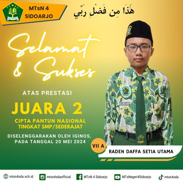 Siswa Kelas 7A, Raden Daffa Setia Utama, Raih Juara 2 dalam Lomba Cipta Pantun Nasional
