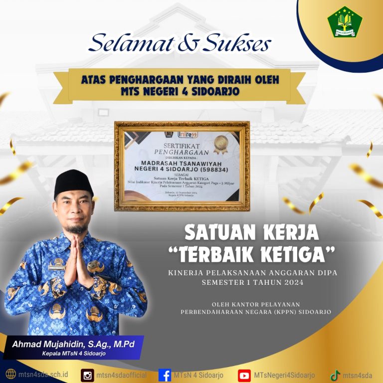 MTs Negeri 4 Sidoarjo Raih Penghargaan sebagai Satuan Kerja Terbaik Ketiga dalam Kinerja Pelaksanaan Anggaran