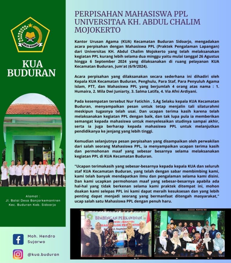 Mahasiswa Universitas KH. Abdul Chalim Tuntaskan PPL di KUA Kecamatan Buduran