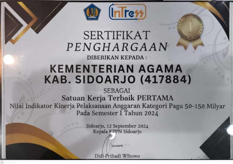 Kemenag Sidoarjo Raih Penghargaan Satuan Kerja Terbaik atas Kinerja Pelaksanaan Anggaran Semester 1 Tahun 2024