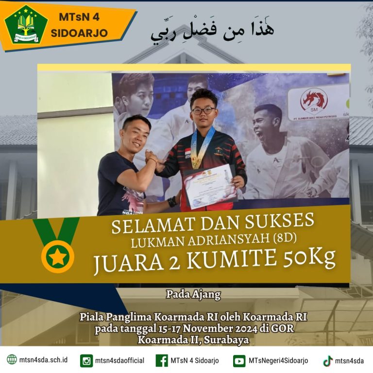 Siswa MTs Negeri 4 Sidoarjo, Lukman Adriansyah, Raih Juara 2 Kumite 50kg di Ajang Bergengsi