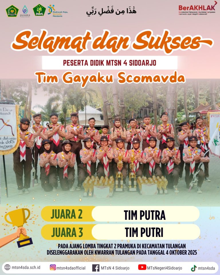 Tim Pramuka “Gayaku Scomavda” MTsN 4 Sidoarjo Raih Juara 2 dan 3 pada Ajang Lomba Tingkat 2 Kwarran Tulangan