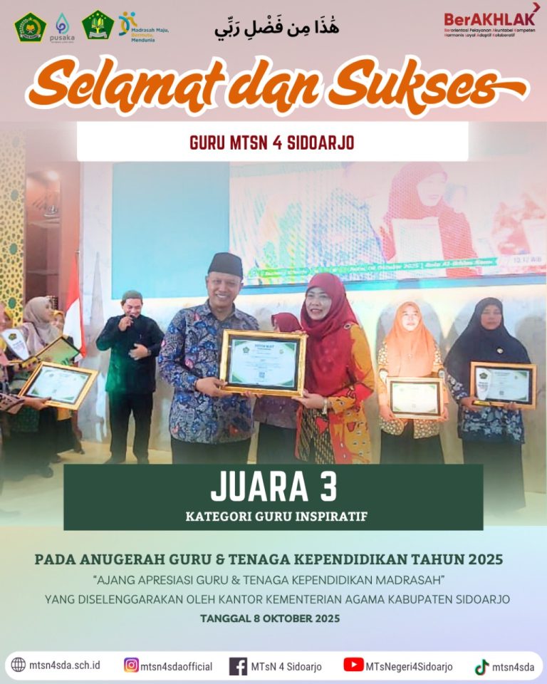 Guru MTsN 4 Sidoarjo Raih Juara 3 Guru Inspiratif pada Anugerah Guru dan Tenaga Kependidikan (GTK) Tahun 2025